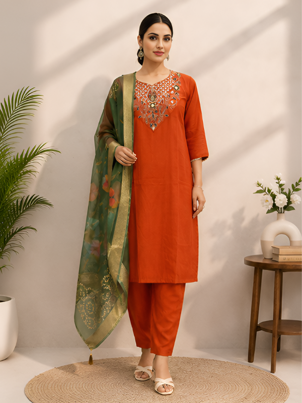 Rust Embroidered Roman Silk Suit Set