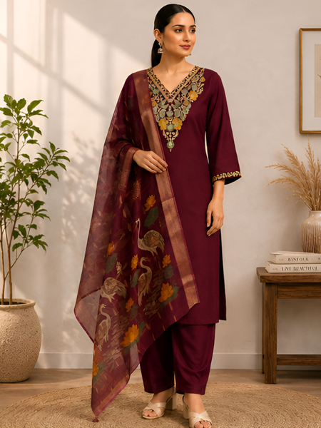 Wine Embroidered Roman Silk Suit Set