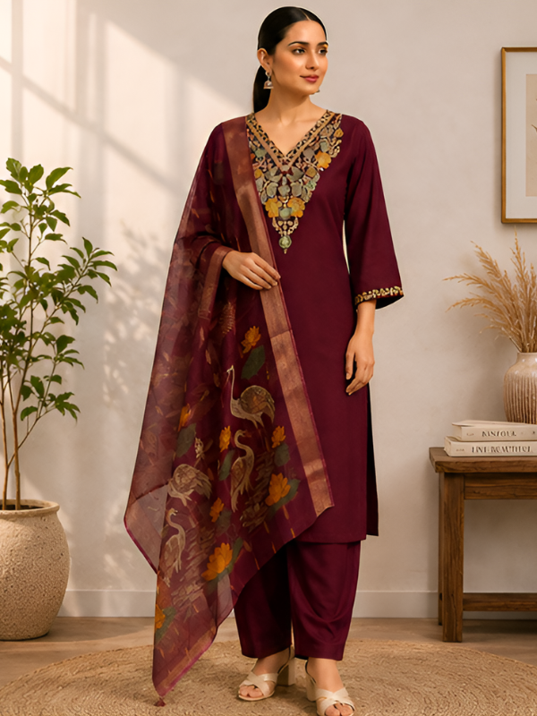 Wine Embroidered Roman Silk Suit Set