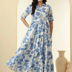 Chandramukhi Printed Rayon Slub Belted Maxi Dress