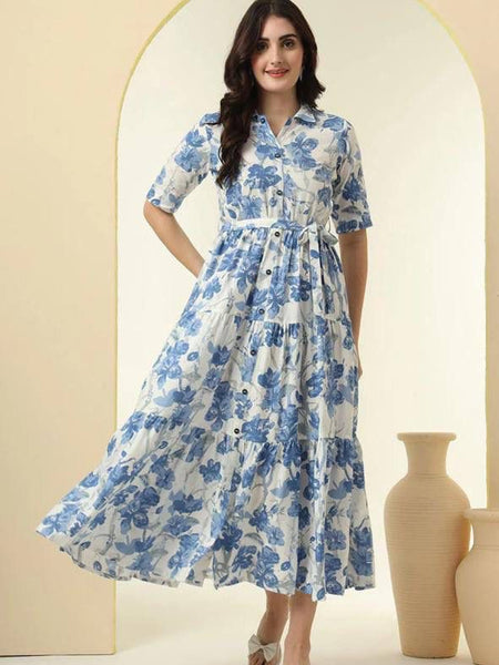 Chandramukhi Printed Rayon Slub Belted Maxi Dress