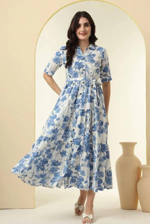 Chandramukhi Printed Rayon Slub Belted Maxi Dress