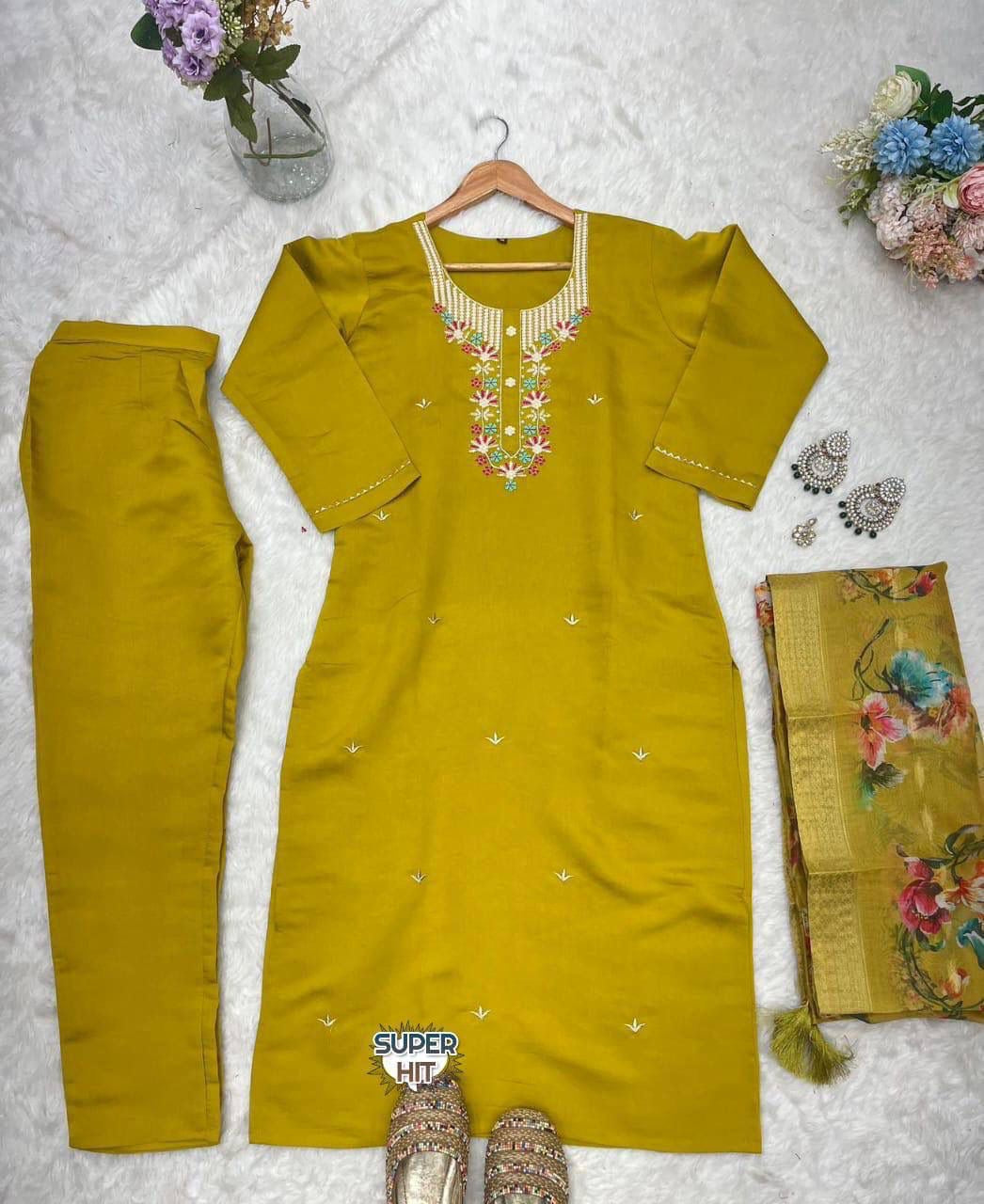 Women's Premium Embroidered Roman Silk Kurta Pant Set with Organza Dupatta – Mustard
