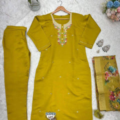 Women's Premium Embroidered Roman Silk Kurta Pant Set with Organza Dupatta – Mustard