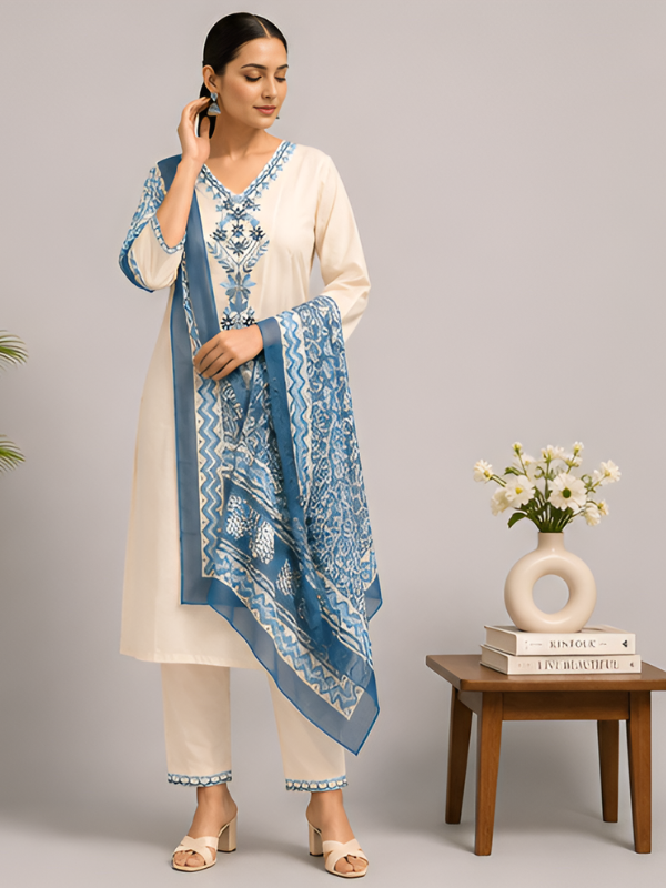 Ivory Blue Khadi Cotton Suit Set