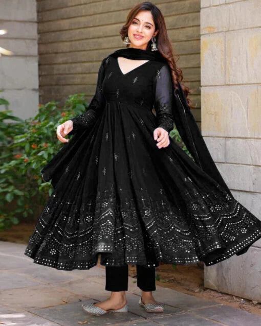 Black Embroidered Georgette Anarkali Suit Set