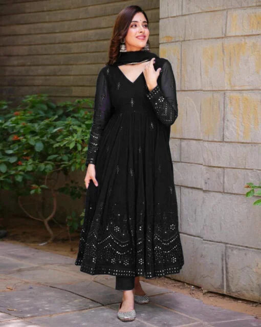 Black Embroidered Georgette Anarkali Suit Set