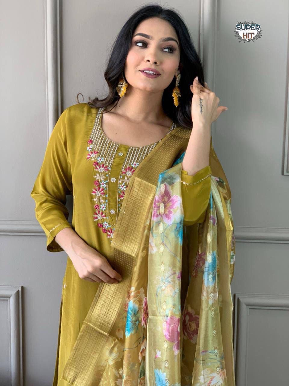 Women's Premium Embroidered Roman Silk Kurta Pant Set with Organza Dupatta – Mustard