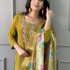 Women's Premium Embroidered Roman Silk Kurta Pant Set with Organza Dupatta – Mustard