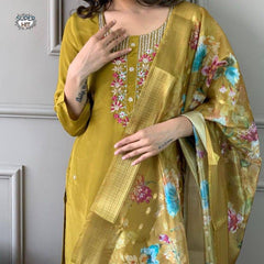 Women's Premium Embroidered Roman Silk Kurta Pant Set with Organza Dupatta – Mustard