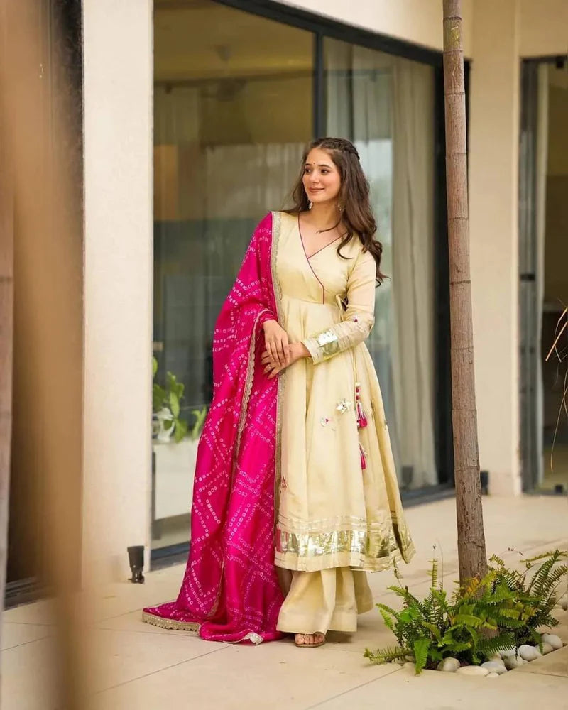 Cream Silk Anarkali Suit Set with Pink Dupatta