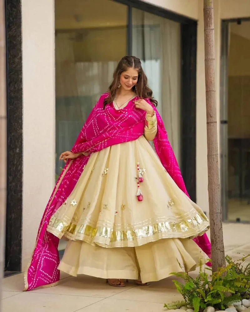 Cream Silk Anarkali Suit Set with Pink Dupatta