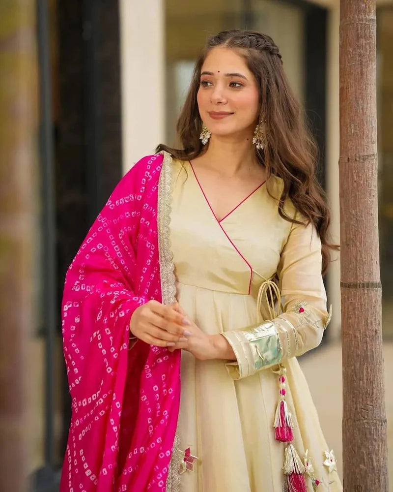 Cream Silk Anarkali Suit Set with Pink Dupatta