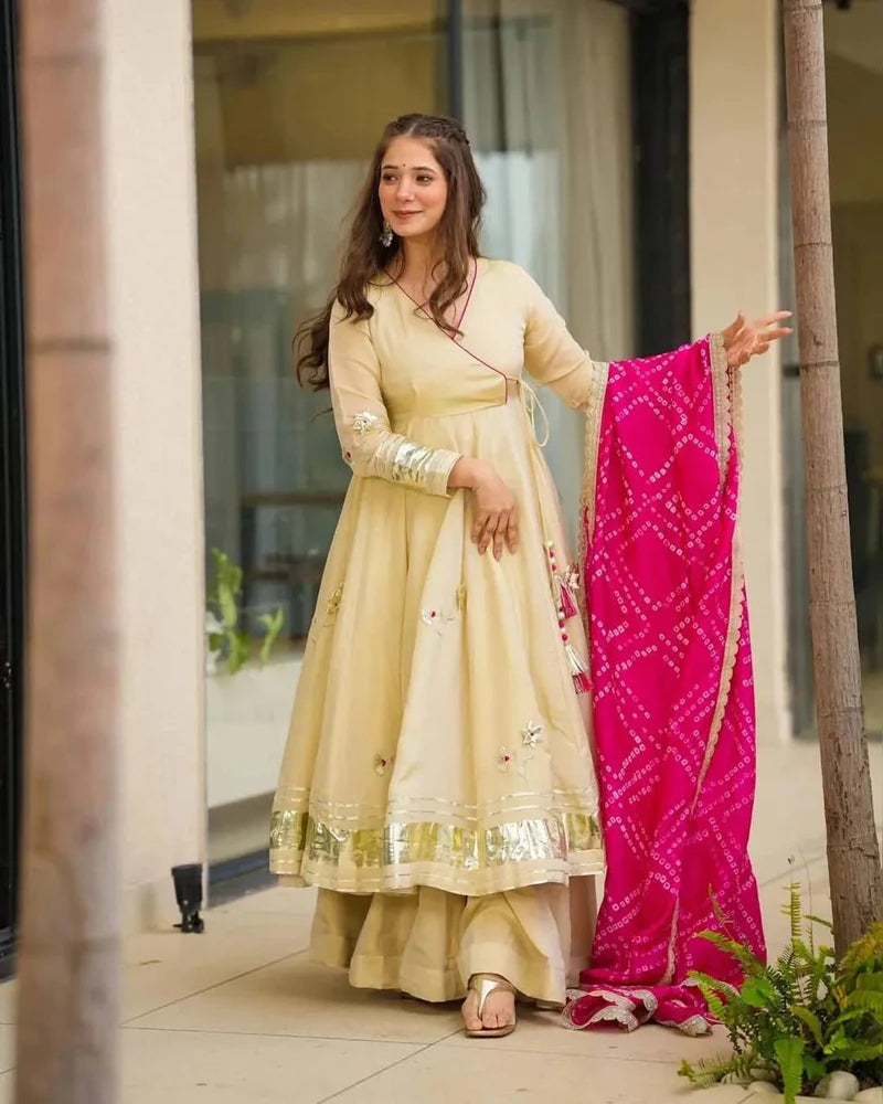 Cream Silk Anarkali Suit Set with Pink Dupatta