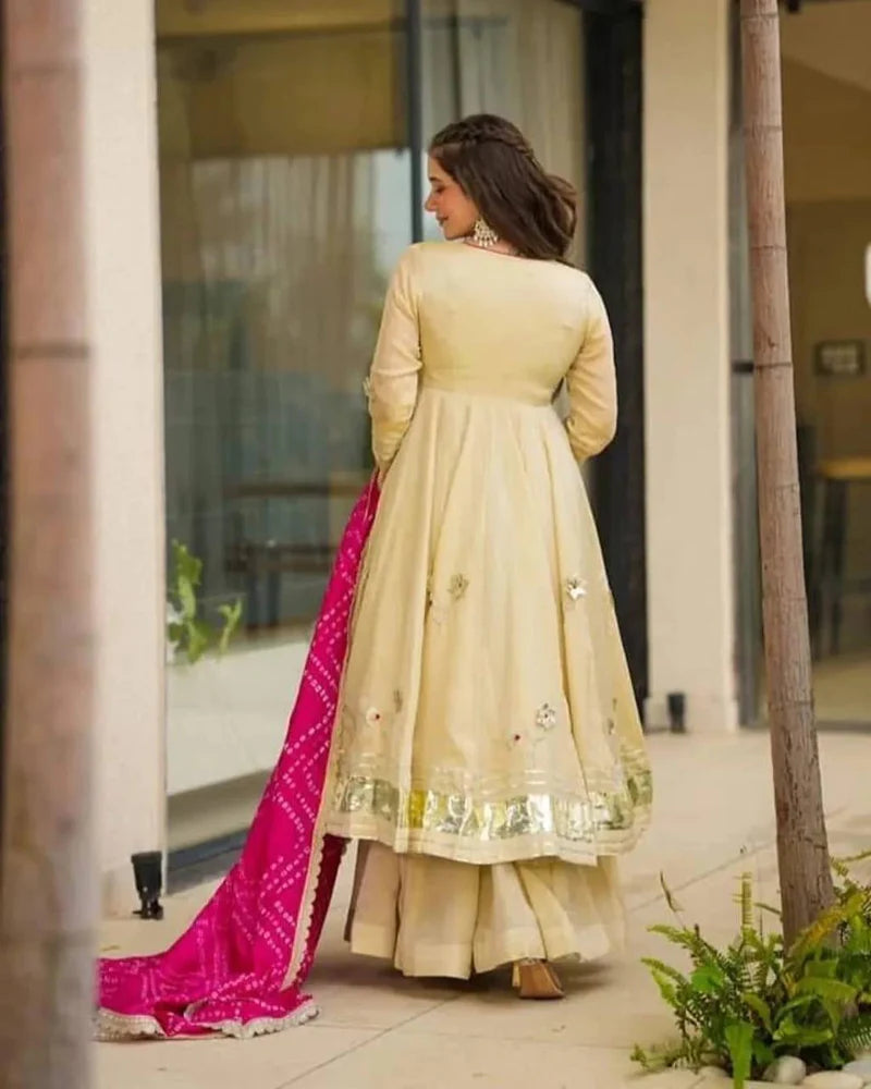Cream Silk Anarkali Suit Set with Pink Dupatta