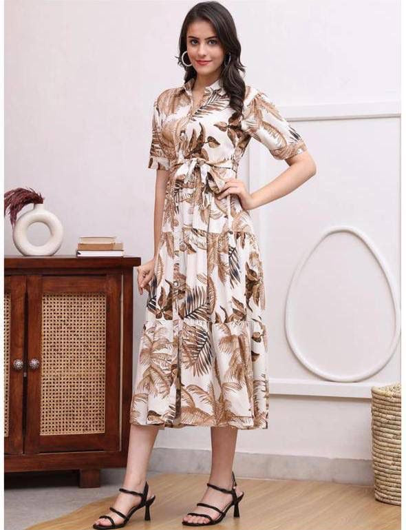 Chandramukhi Printed Rayon Slub Belted Maxi Dress