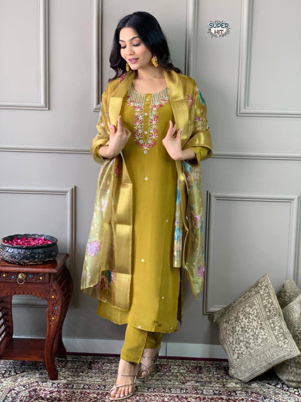 Women's Premium Embroidered Roman Silk Kurta Pant Set with Organza Dupatta – Mustard