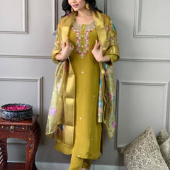 Women's Premium Embroidered Roman Silk Kurta Pant Set with Organza Dupatta – Mustard