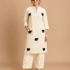Off White Embroidered Khadi Cotton Co-Ord Set