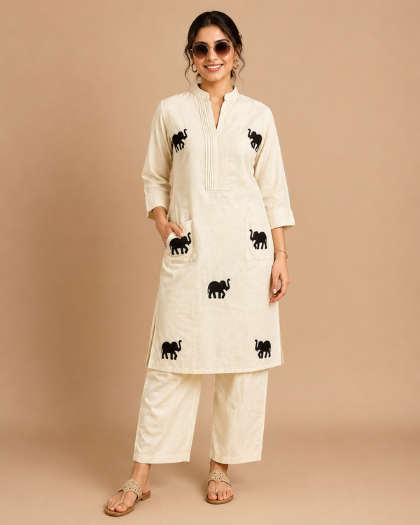 Off White Embroidered Khadi Cotton Co-Ord Set