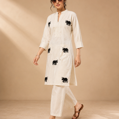 Off White Embroidered Khadi Cotton Co-Ord Set