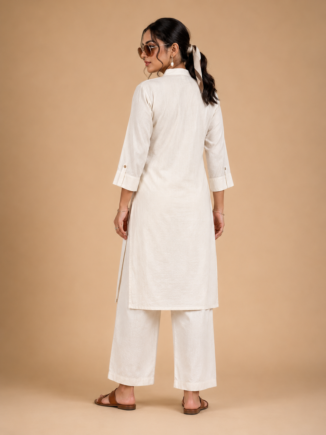 Off White Embroidered Khadi Cotton Co-Ord Set