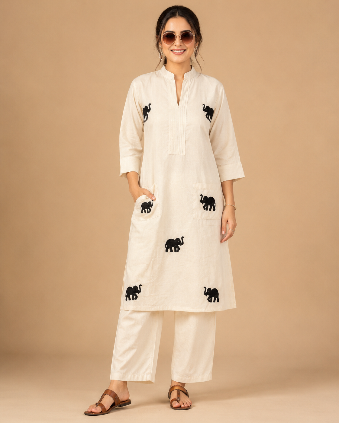 Off White Embroidered Khadi Cotton Co-Ord Set