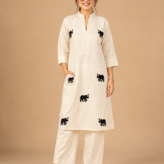 Off White Embroidered Khadi Cotton Co-Ord Set