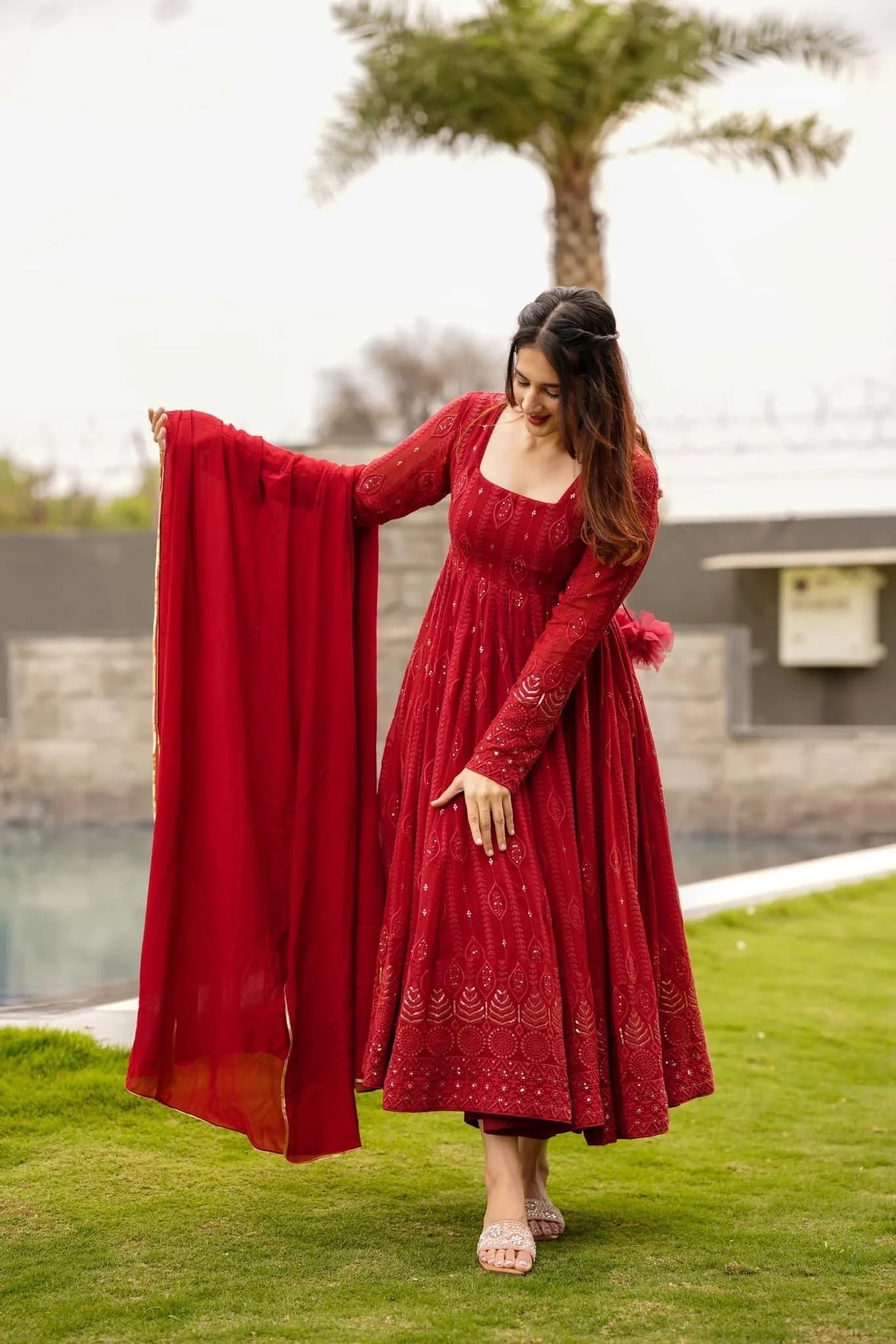 Red Embroidered Georgette Anarkali Set