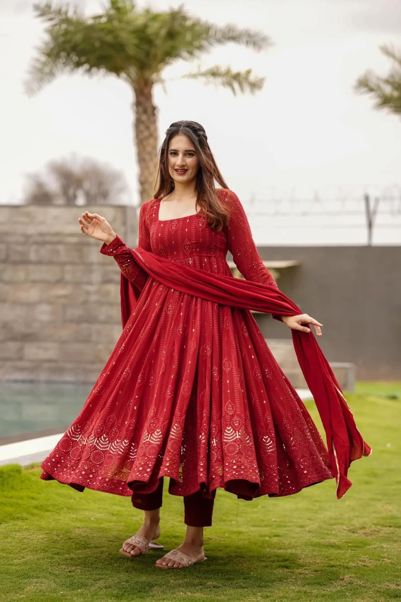 Red Embroidered Georgette Anarkali Set
