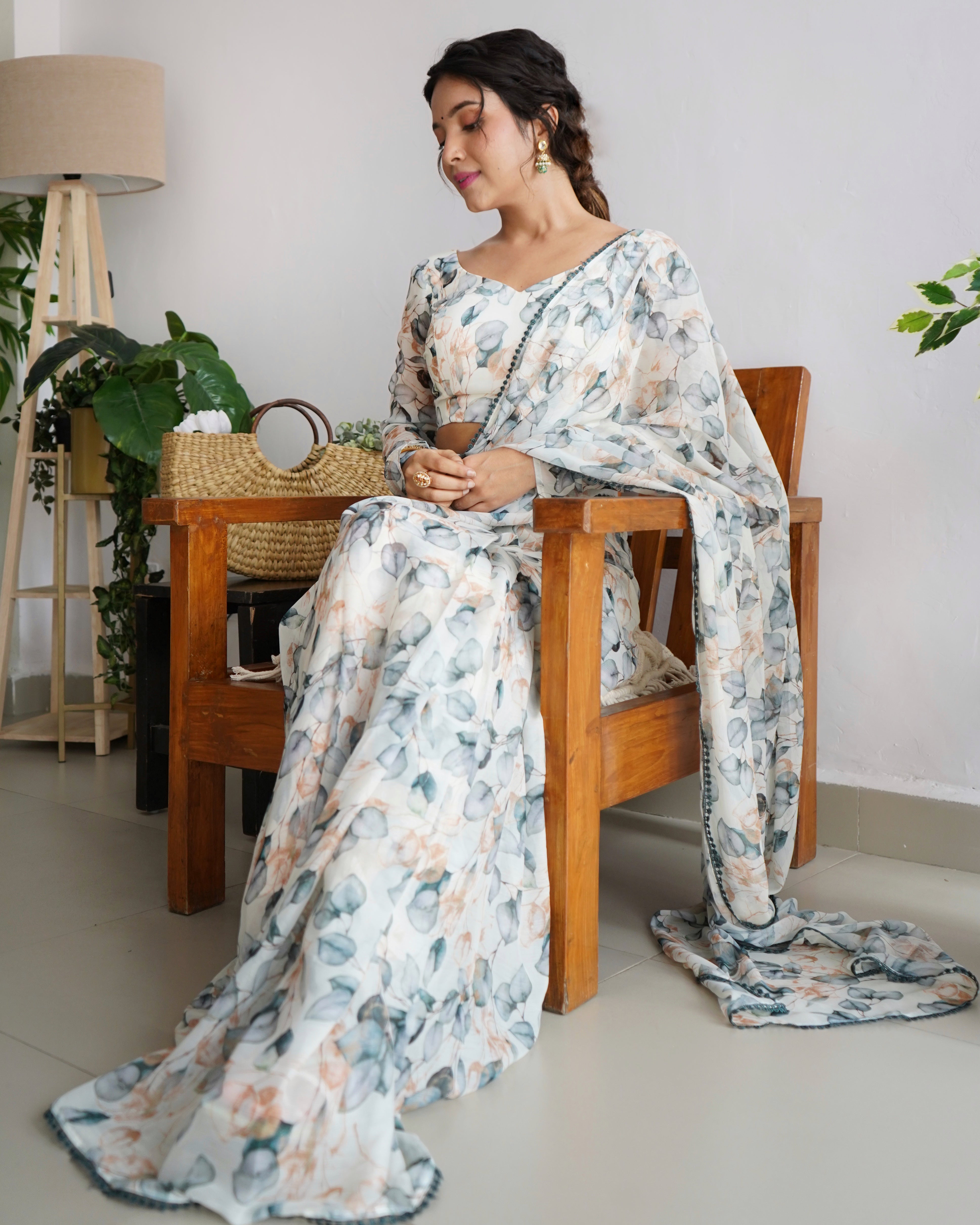 Floral Chiffon Pre-Draped Saree Set