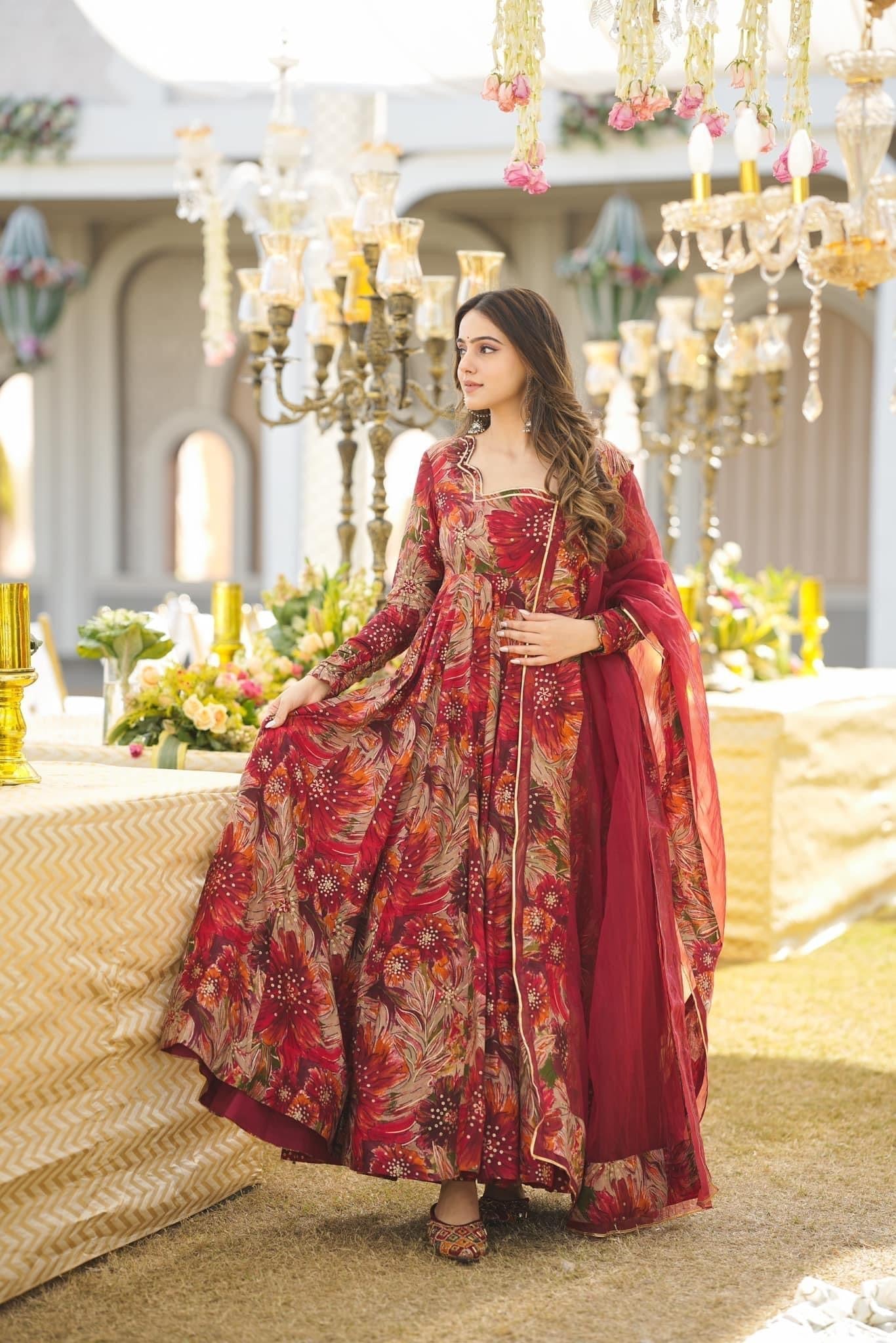 Red Floral Rayon Anarkali Suit Set