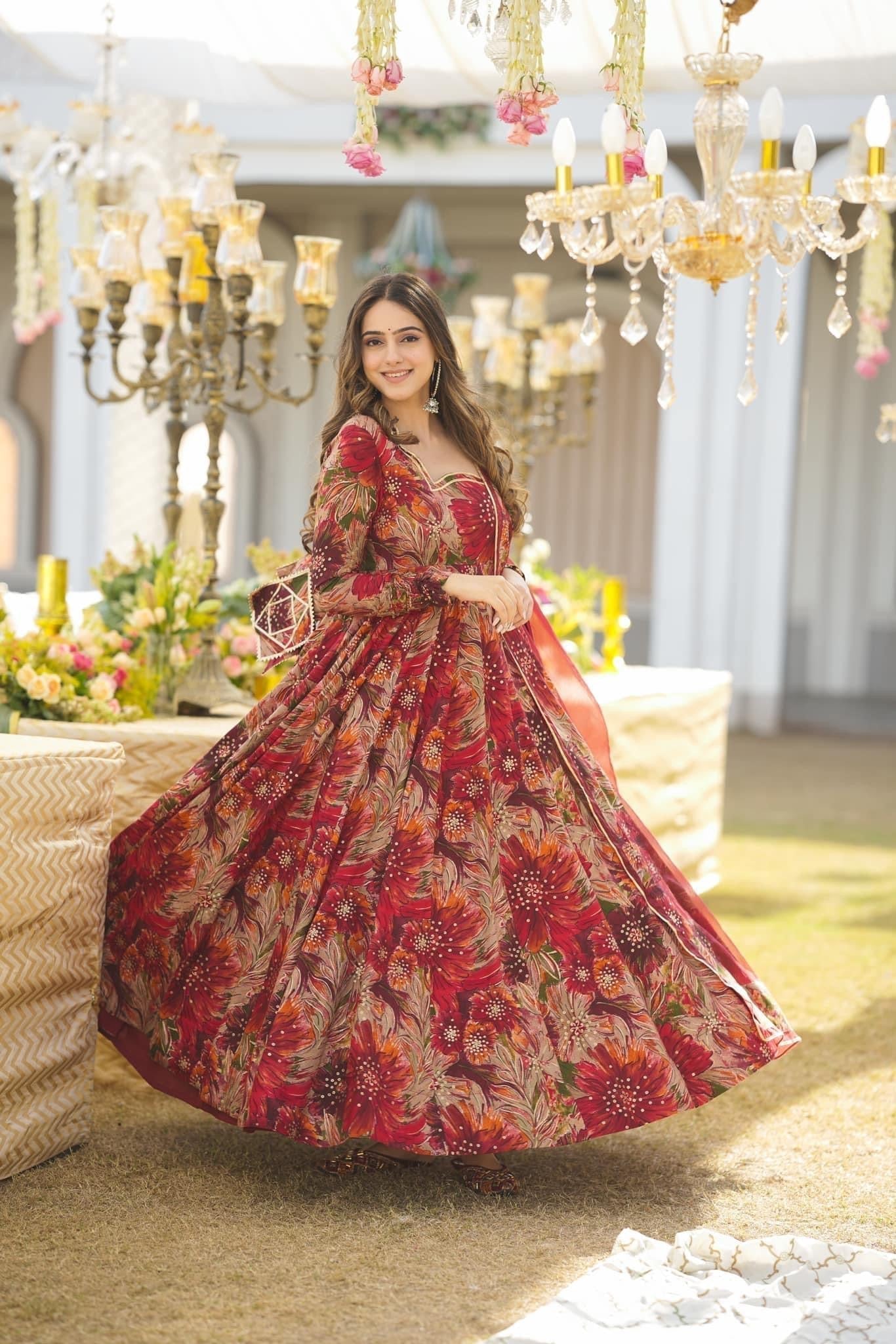 Red Floral Rayon Anarkali Suit Set