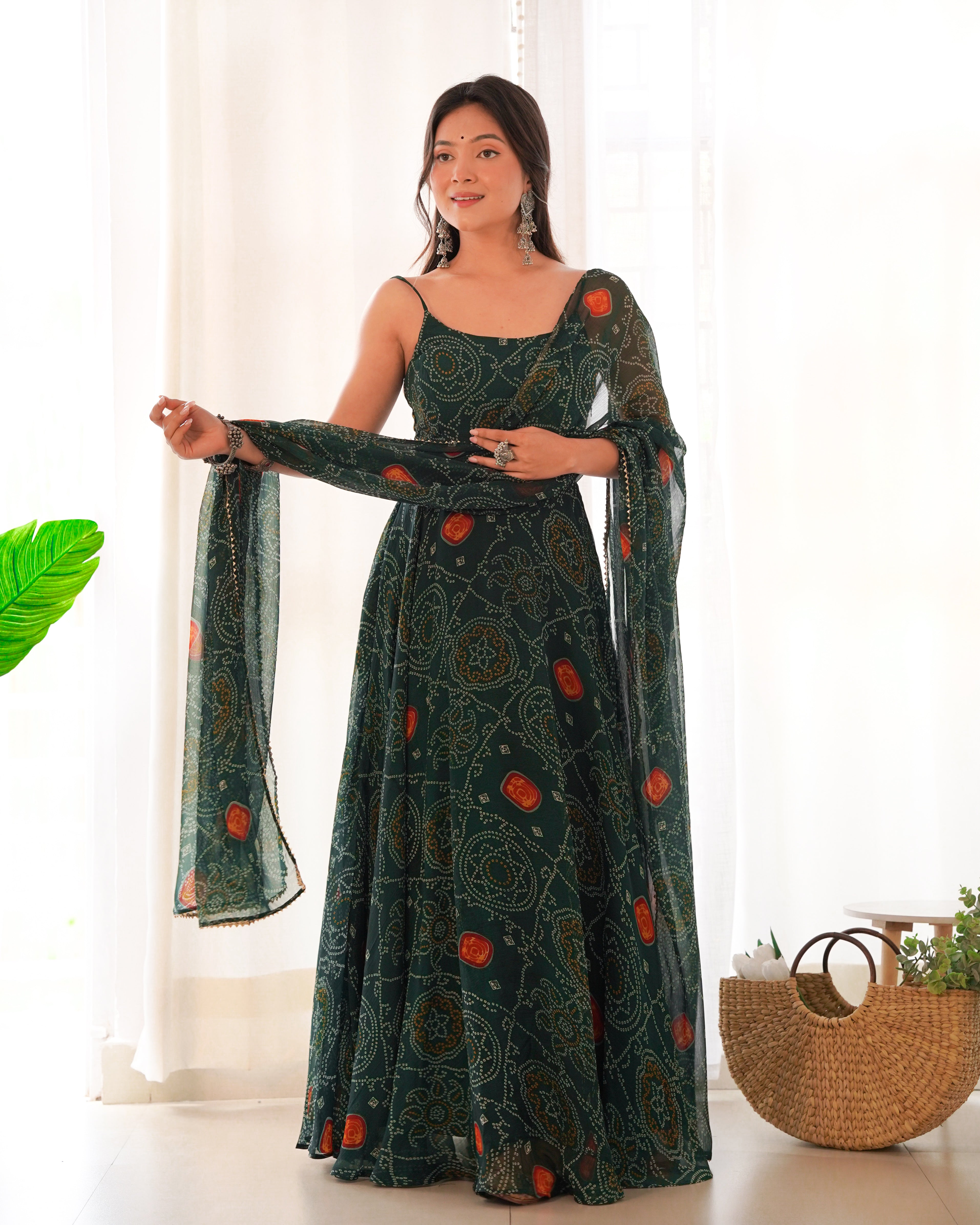 Dark Green Printed Georgette Anarkali Set