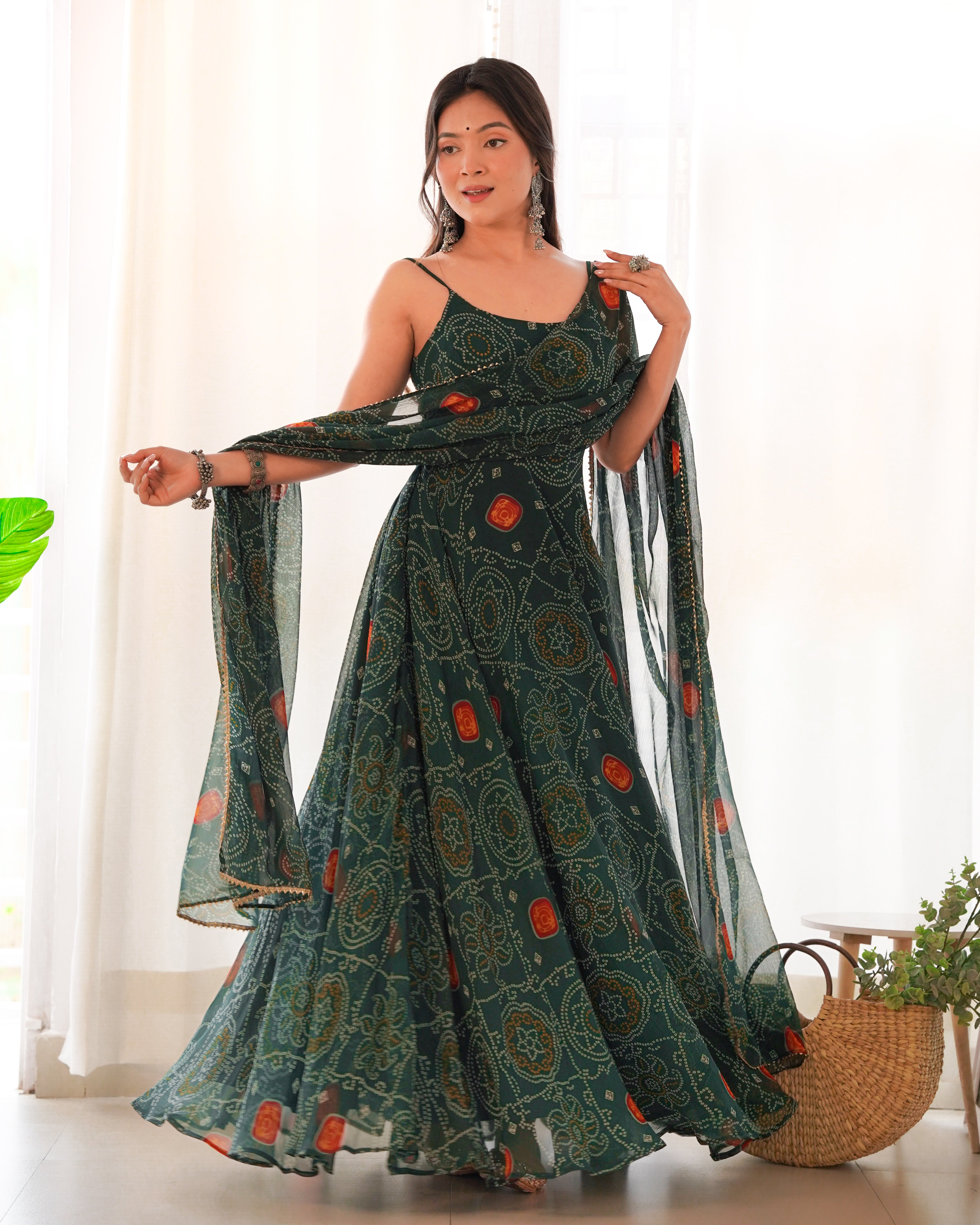 Dark Green Printed Georgette Anarkali Set