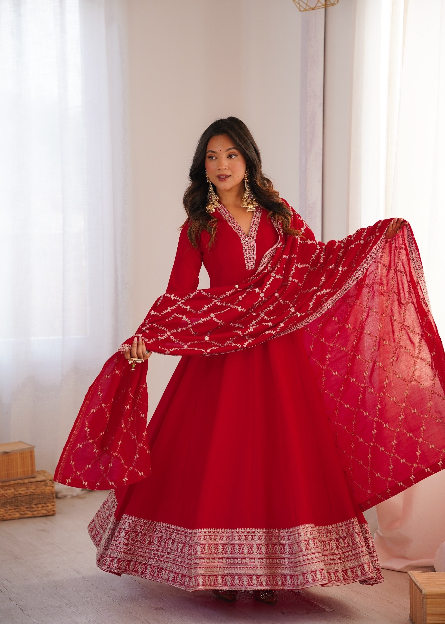 Red Vichitra Silk Wedding Anarkali Gown