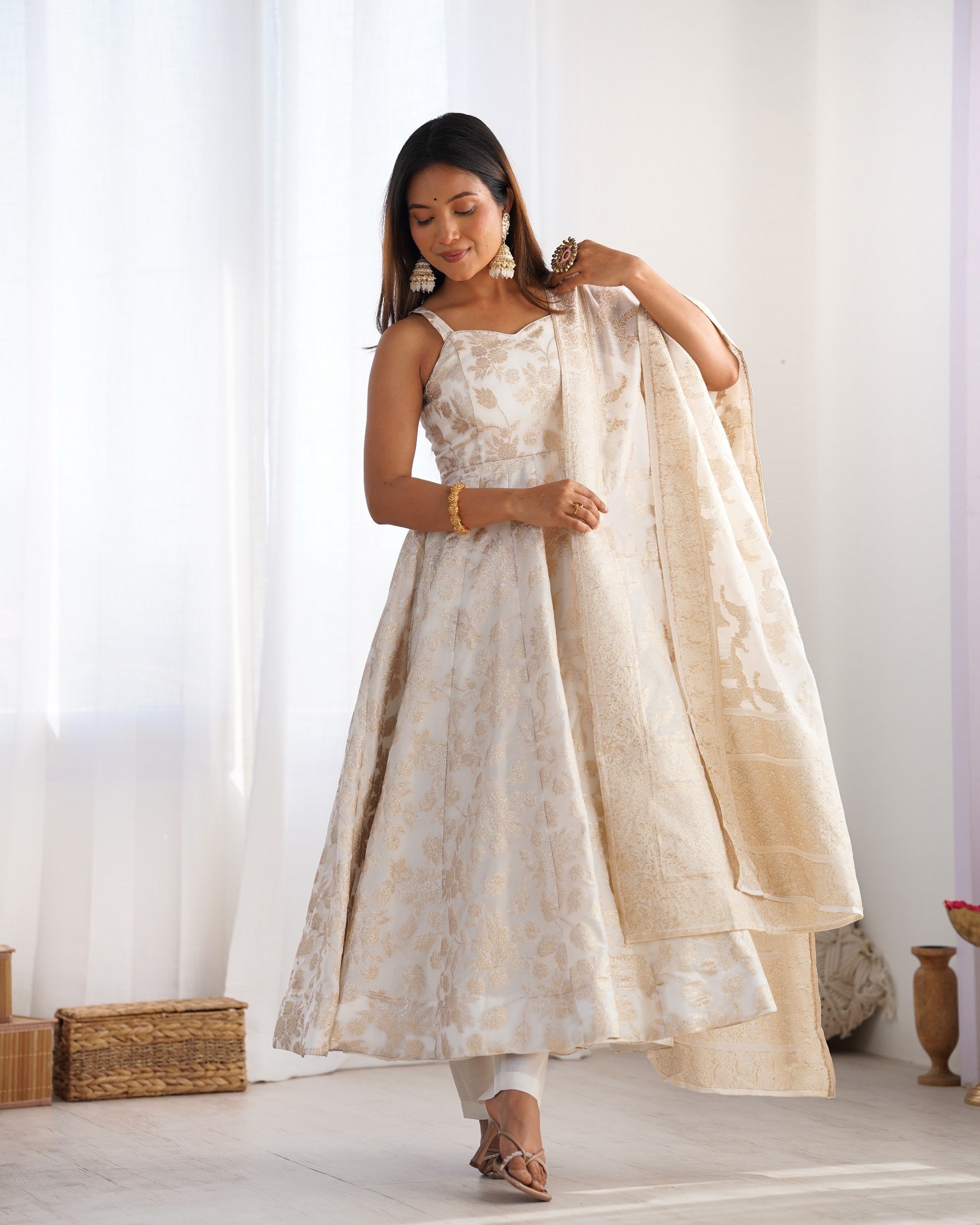 Cream Banarasi Jacquard Anarkali Set