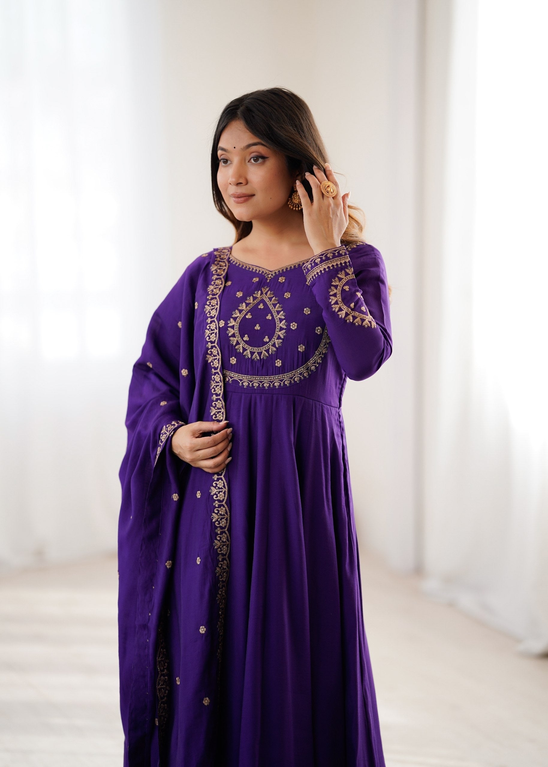 Purple Roman Chanderi Silk Anarkali Set