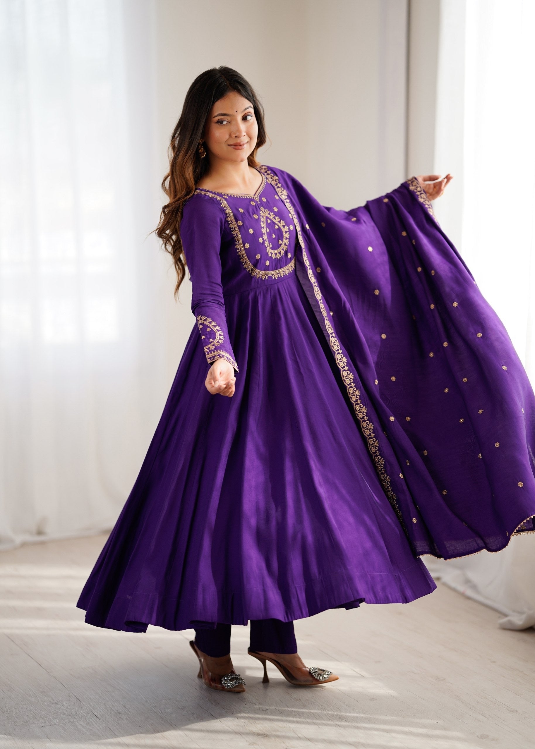 Purple Roman Chanderi Silk Anarkali Set
