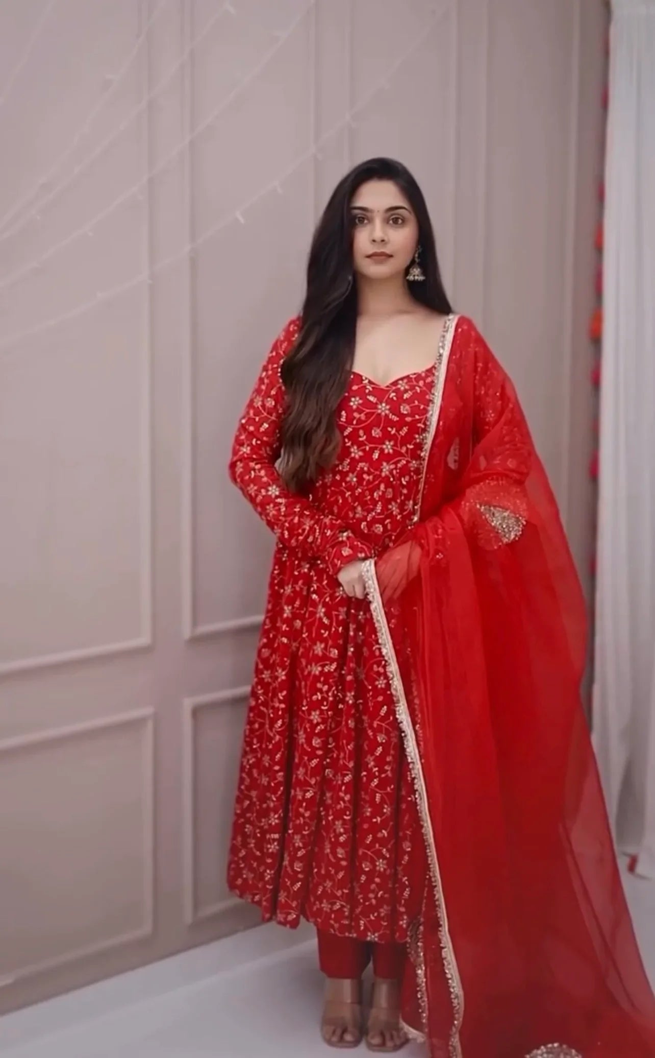 Red Embroidered Anarkali Suit with Fancy Golden Work and Net Dupatta