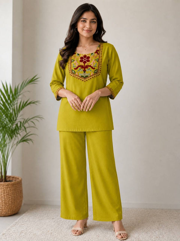 Olive Green Embroidered Co-Ord Set
