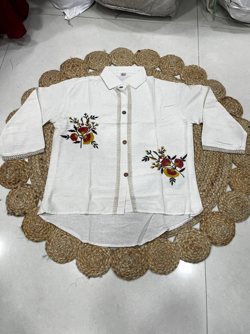 Women's Khadi Cotton Hand Embroidered White Shirt Top