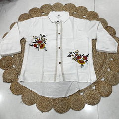 Women's Khadi Cotton Hand Embroidered White Shirt Top