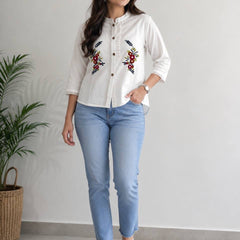 Women's Khadi Cotton Hand Embroidered White Shirt Top