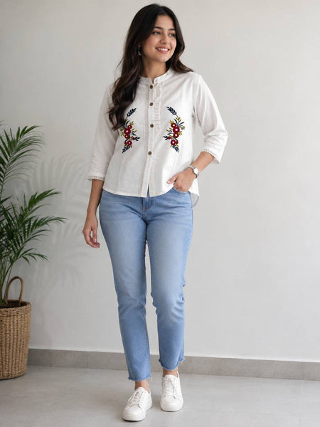Women's Khadi Cotton Hand Embroidered White Shirt Top