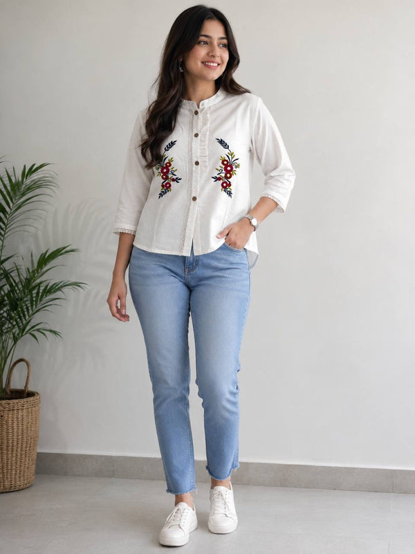 Women's Khadi Cotton Hand Embroidered White Shirt Top