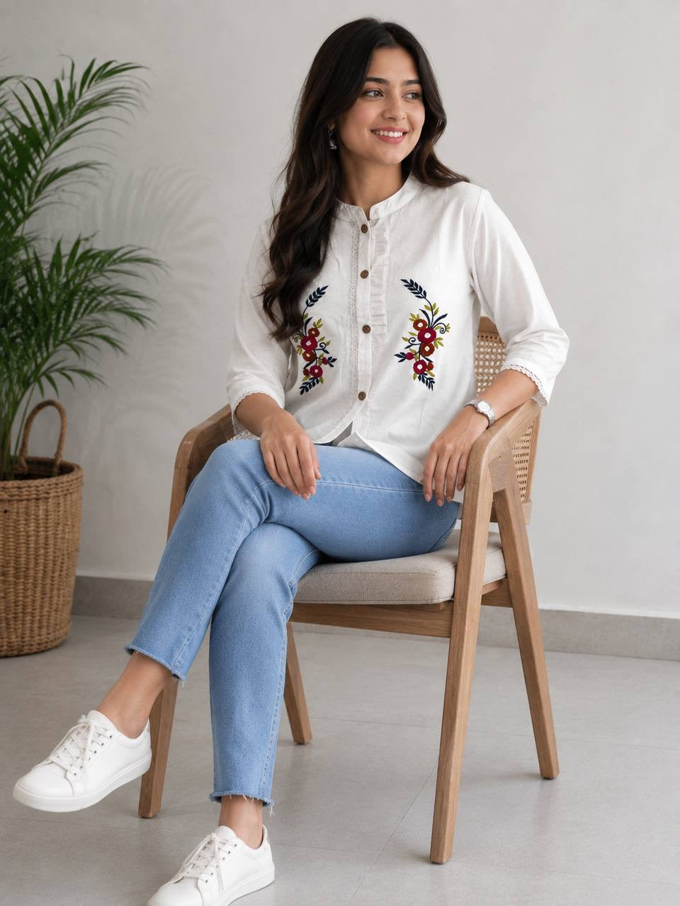 Women's Khadi Cotton Hand Embroidered White Shirt Top