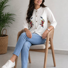 Women's Khadi Cotton Hand Embroidered White Shirt Top