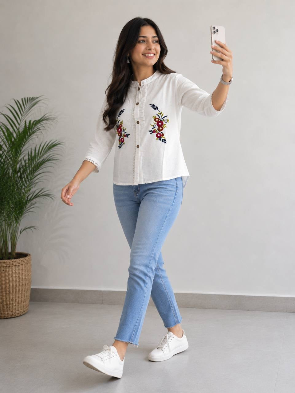 Women's Khadi Cotton Hand Embroidered White Shirt Top