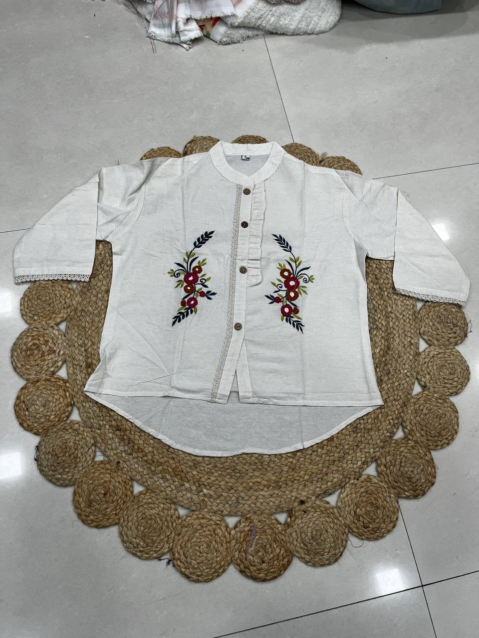 Women's Khadi Cotton Hand Embroidered White Shirt Top